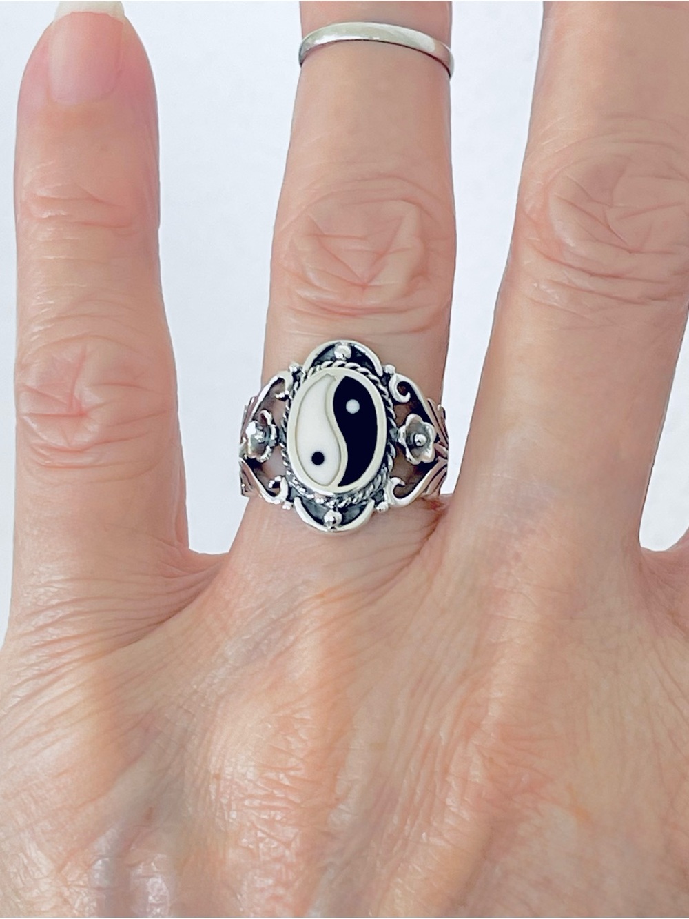 Sterling Silver Statement Yin Yang Ring with Flower, Yoga Balance of Life Rings